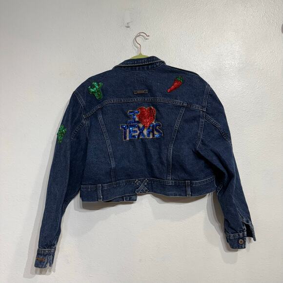 Lee Blue Denim I Heart Texas  Patch Vintage Jean Jacket Sz L - Picture 10 of 13